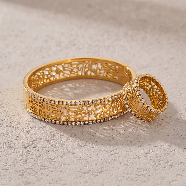 HilalHaven Lace Script Open‑Work Band &amp; Bangle with Crystal Border Jewellery Set - image 1