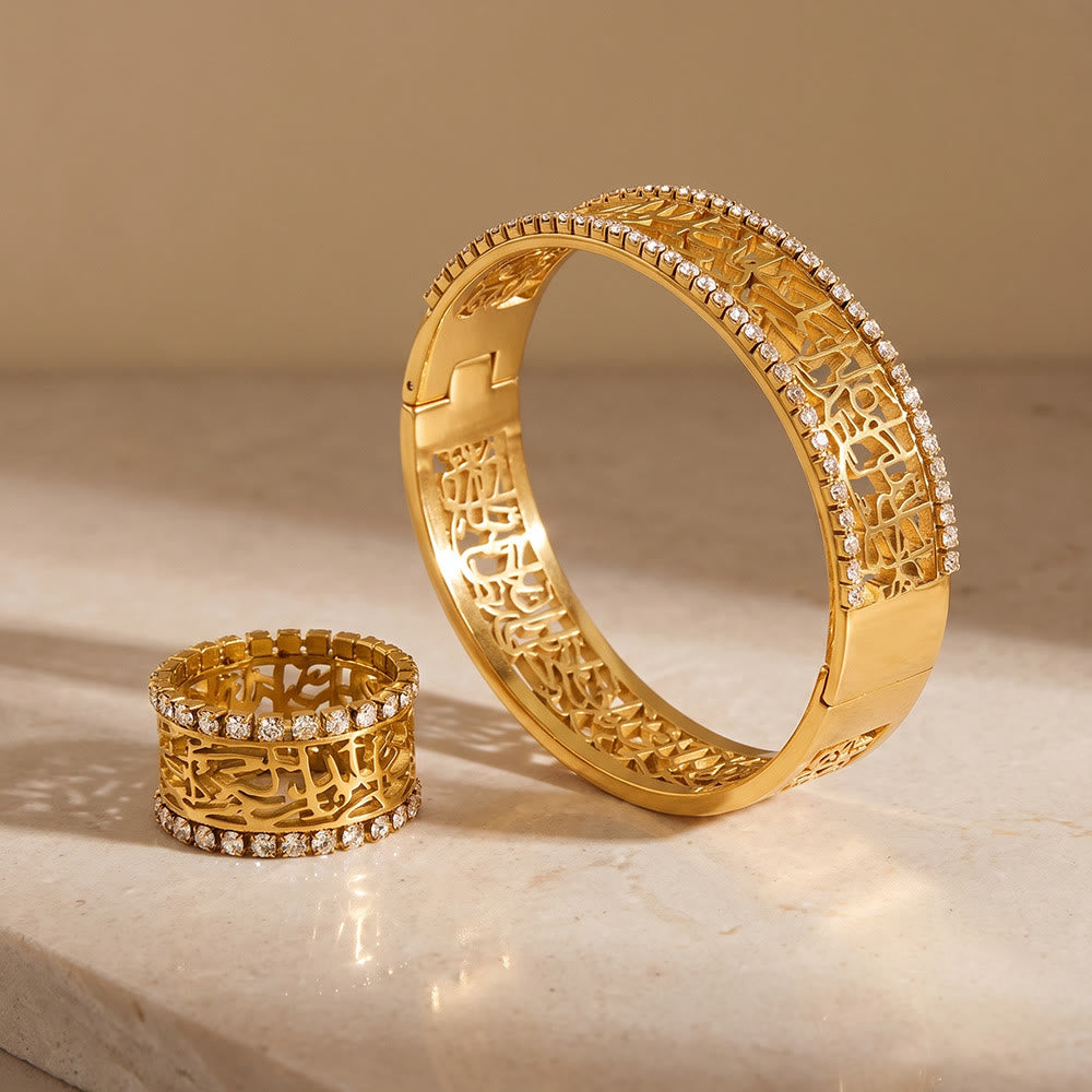 HilalHaven Lace Script Open‑Work Band &amp; Bangle with Crystal Border Jewellery Set - Bracelet&amp;Ring Set - image 2