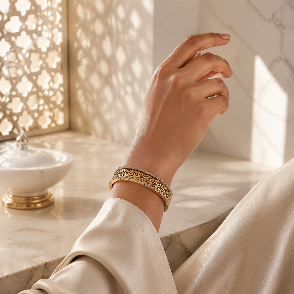 HilalHaven Lace Script Open‑Work Band &amp; Bangle with Crystal Border Jewellery Set - image 11