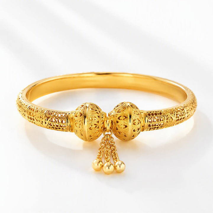 HilalHaven Filigree Sphere Tassel Bangle‑Gold‑Plated Copper Hollow‑Bead Cuff Bracelet - Golden - image 3