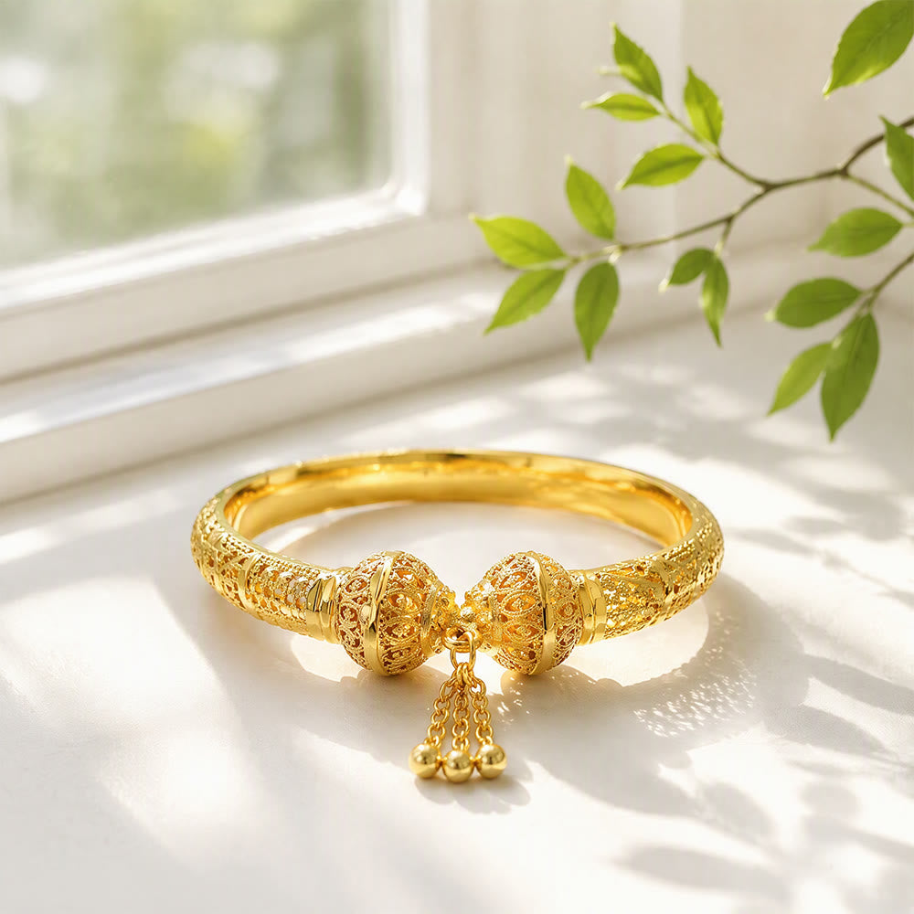HilalHaven Filigree Sphere Tassel Bangle‑Gold‑Plated Copper Hollow‑Bead Cuff Bracelet - image 2