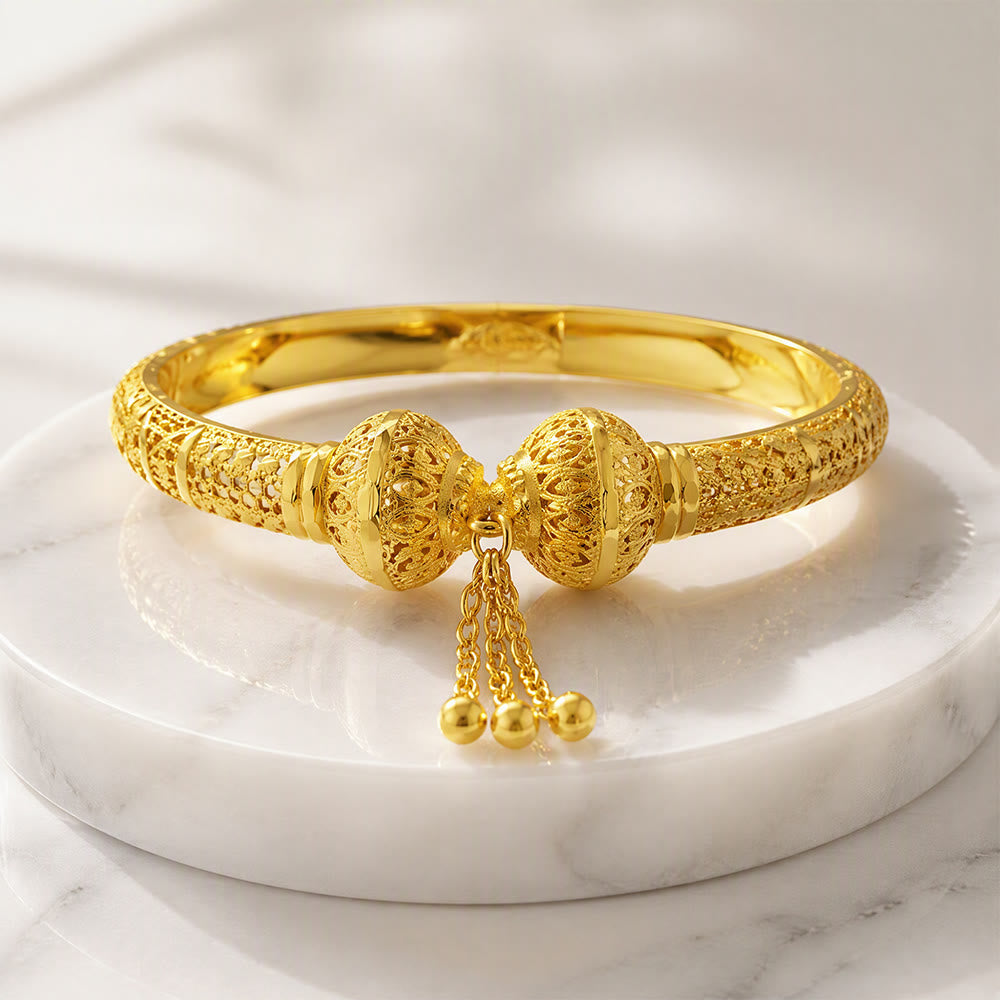 HilalHaven Filigree Sphere Tassel Bangle‑Gold‑Plated Copper Hollow‑Bead Cuff Bracelet - image 4