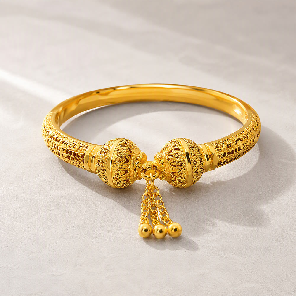 HilalHaven Filigree Sphere Tassel Bangle‑Gold‑Plated Copper Hollow‑Bead Cuff Bracelet - image 5