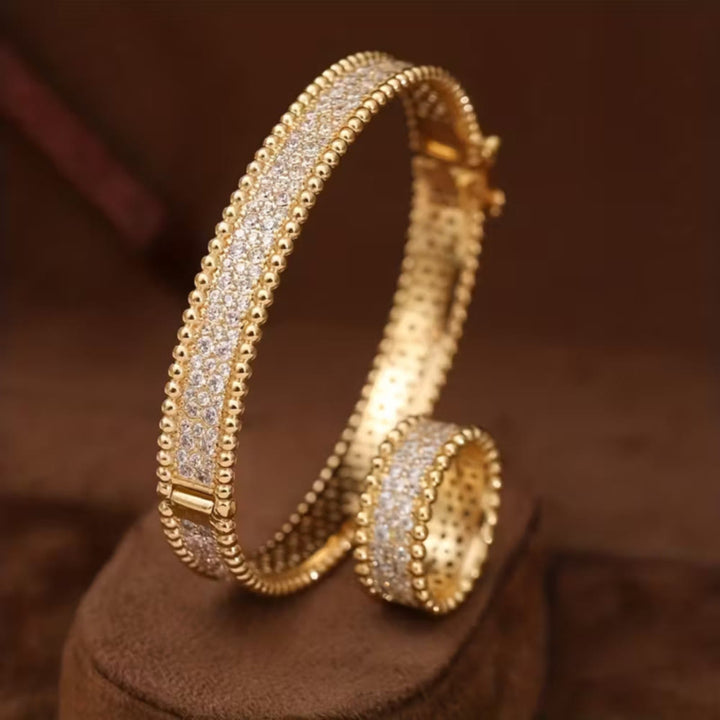 HilalHaven Glimmer Border Zircon‑Inlaid Bangle &amp; Ring Jewellery Set - Golden - Bracelet&amp;Ring Set - image 0