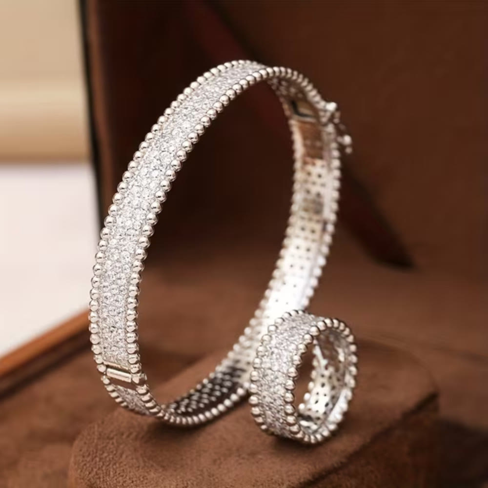 HilalHaven Glimmer Border Zircon‑Inlaid Bangle &amp; Ring Jewellery Set - Silver - Bracelet&amp;Ring Set - image 1
