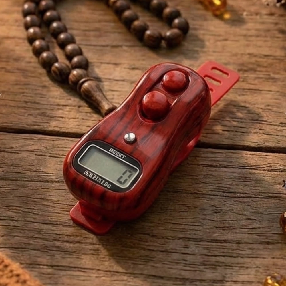 HilalHaven Timed Stillness Portable Digital Tasbih - Wood Pattern Red - image 12