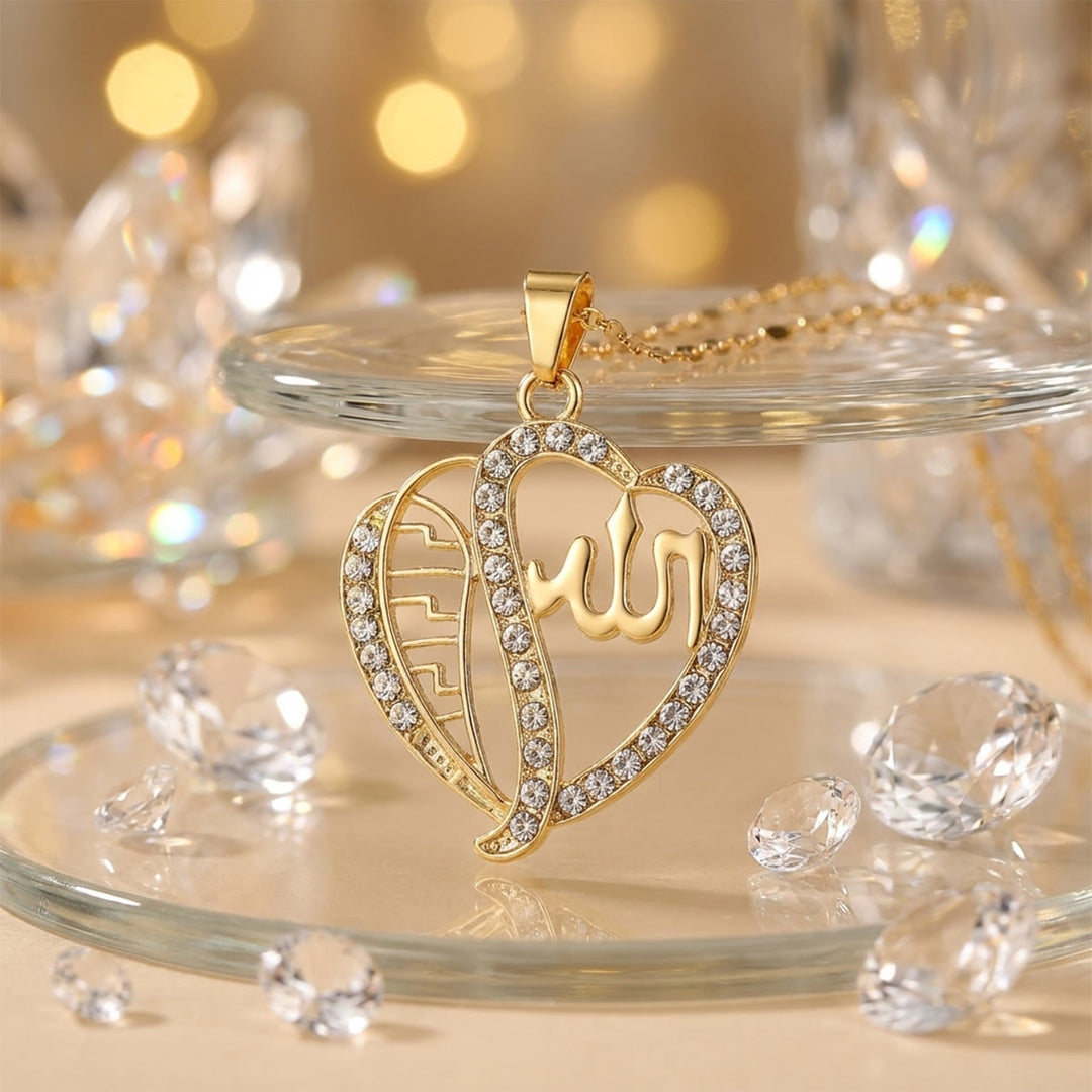 ：HilalHaven Heart‑Bound Verse Allah Crystal‑Set Open‑Heart Pendant Necklace - Golden - image 5