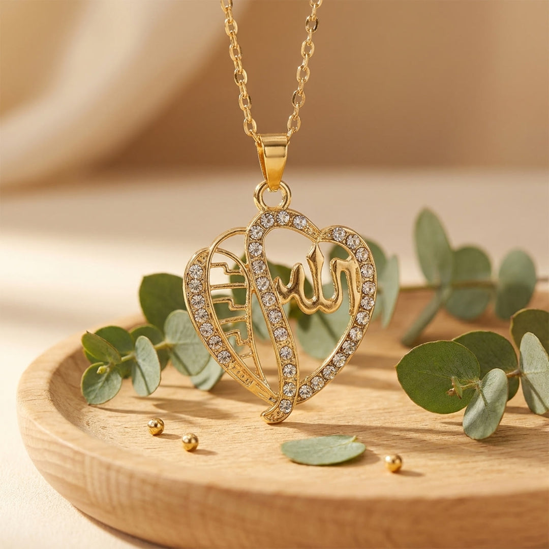 ：HilalHaven Heart‑Bound Verse Allah Crystal‑Set Open‑Heart Pendant Necklace - image 6