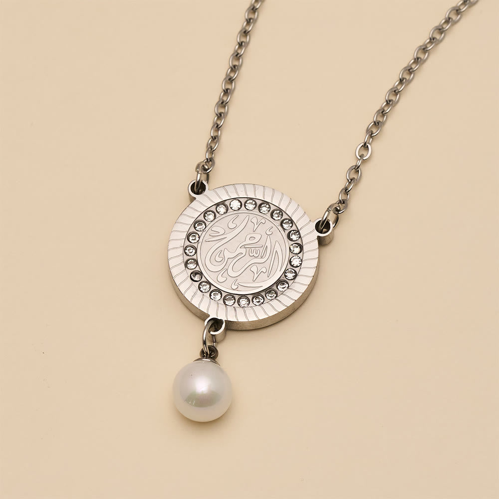 HilalHaven Pearl‑Kissed Medallion Crystal‑Rimmed Embossed Round Pendant Necklace - image 16