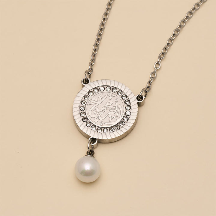 HilalHaven Pearl‑Kissed Medallion Crystal‑Rimmed Embossed Round Pendant Necklace - image 16