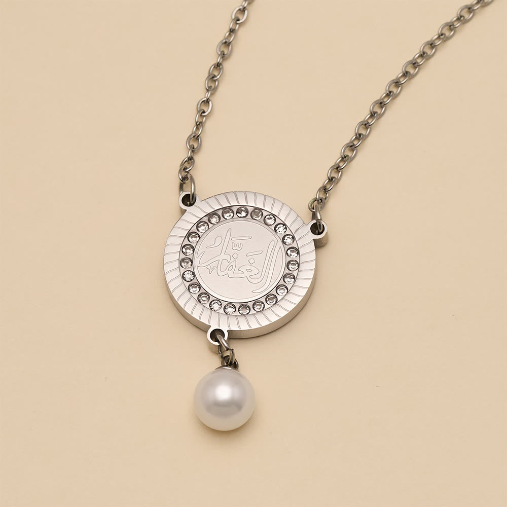 HilalHaven Pearl‑Kissed Medallion Crystal‑Rimmed Embossed Round Pendant Necklace - image 27