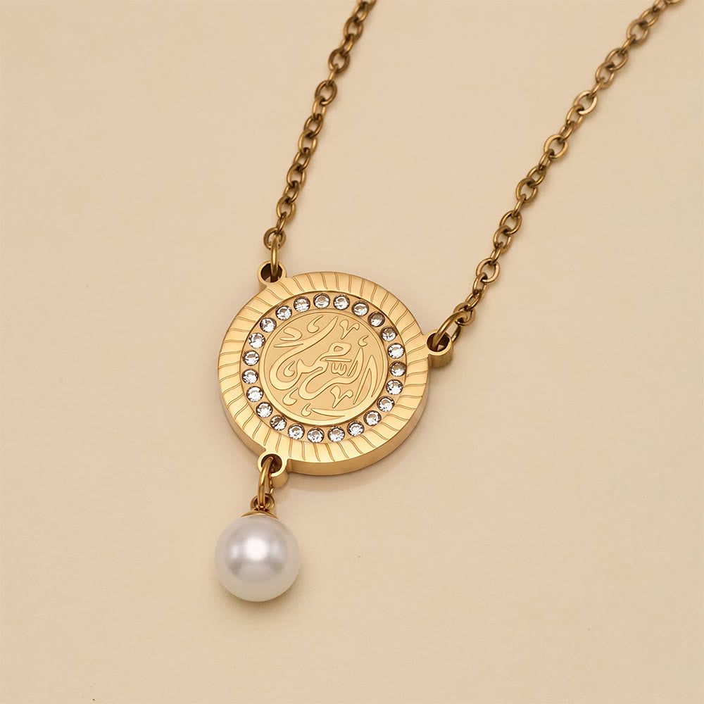HilalHaven Pearl‑Kissed Medallion Crystal‑Rimmed Embossed Round Pendant Necklace - image 12