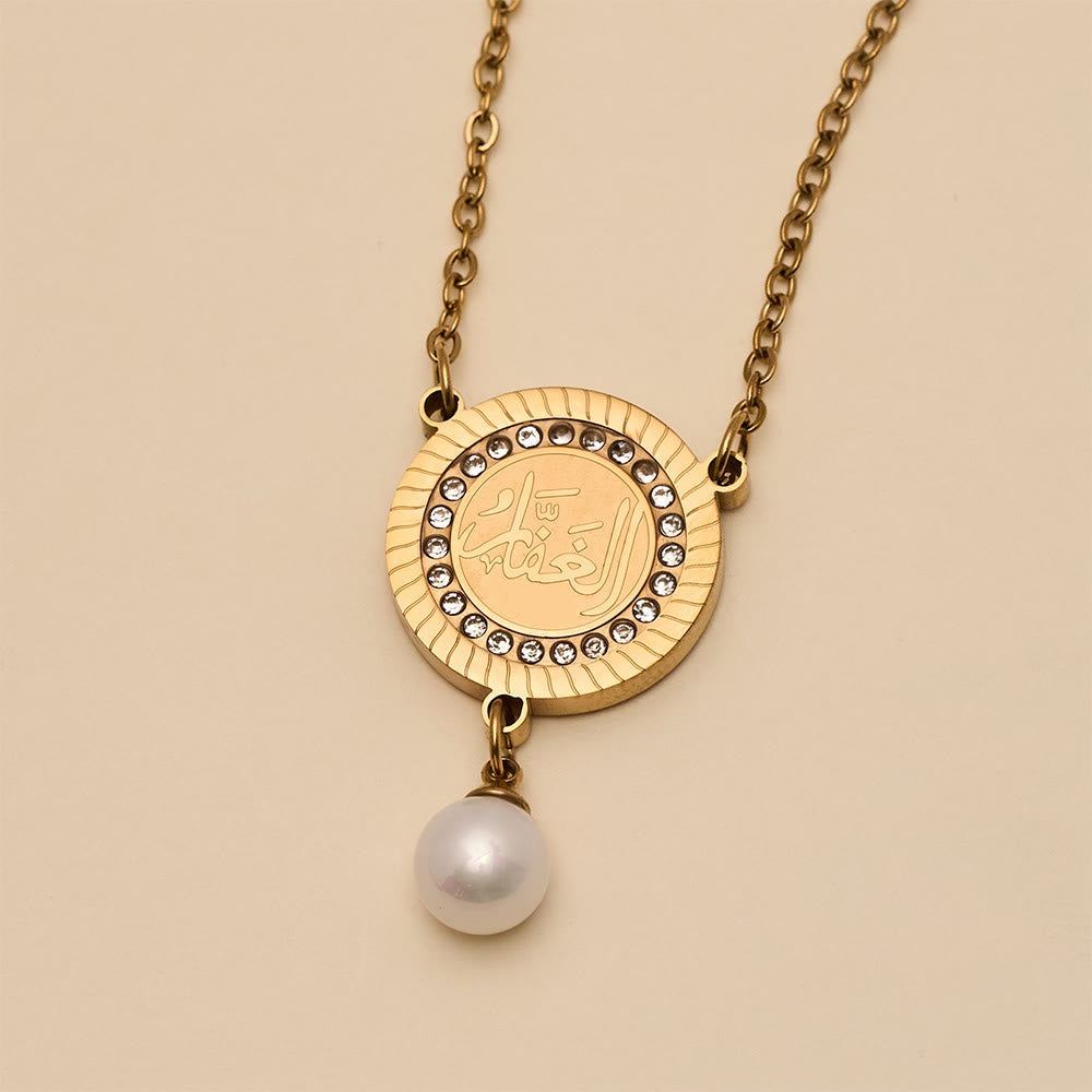 HilalHaven Pearl‑Kissed Medallion Crystal‑Rimmed Embossed Round Pendant Necklace - image 22