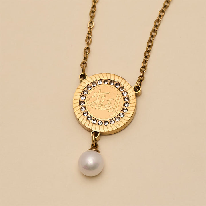 HilalHaven Pearl‑Kissed Medallion Crystal‑Rimmed Embossed Round Pendant Necklace - image 22