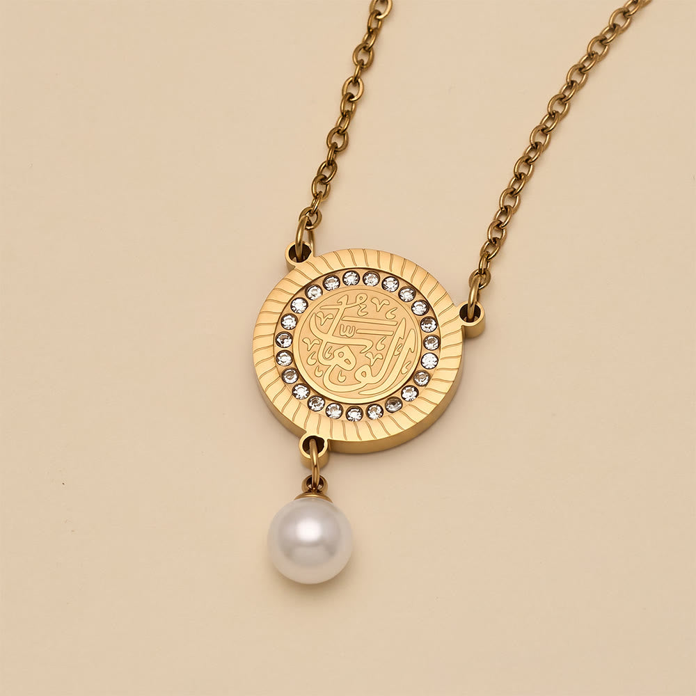 HilalHaven Pearl‑Kissed Medallion Crystal‑Rimmed Embossed Round Pendant Necklace - image 4