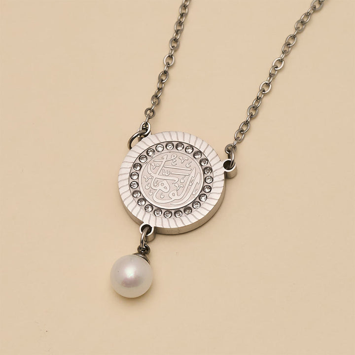 HilalHaven Pearl‑Kissed Medallion Crystal‑Rimmed Embossed Round Pendant Necklace - image 7
