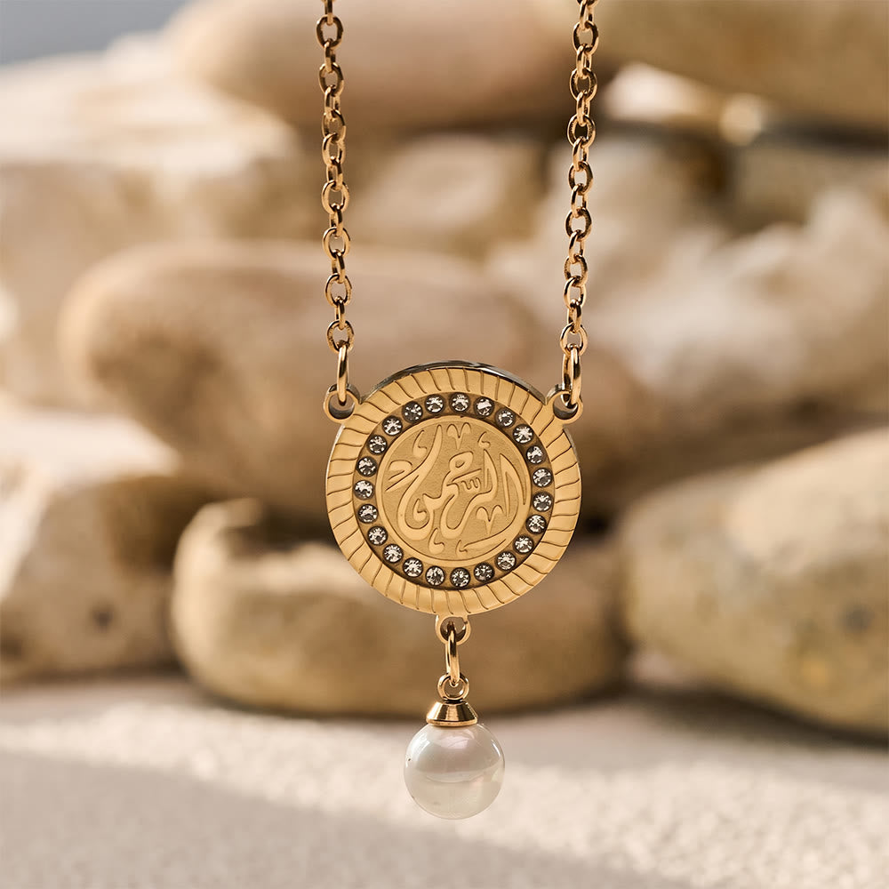 HilalHaven Pearl‑Kissed Medallion Crystal‑Rimmed Embossed Round Pendant Necklace - image 21