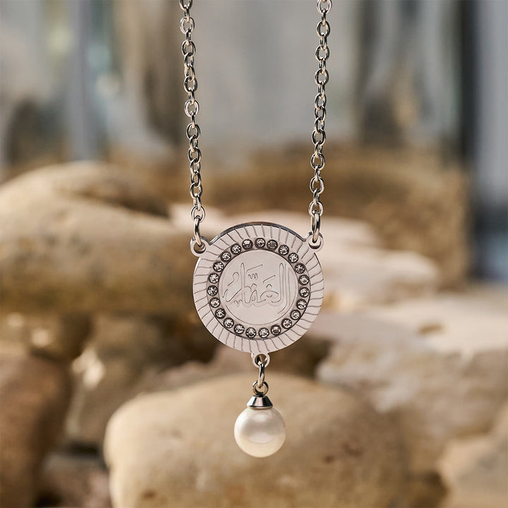 HilalHaven Pearl‑Kissed Medallion Crystal‑Rimmed Embossed Round Pendant Necklace - image 13