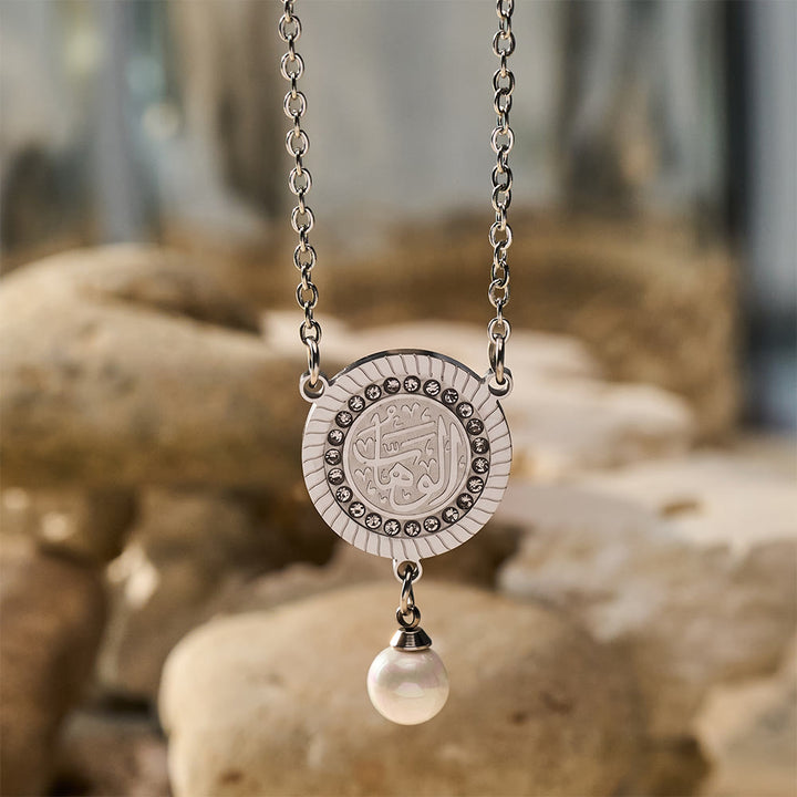 HilalHaven Pearl‑Kissed Medallion Crystal‑Rimmed Embossed Round Pendant Necklace - image 6