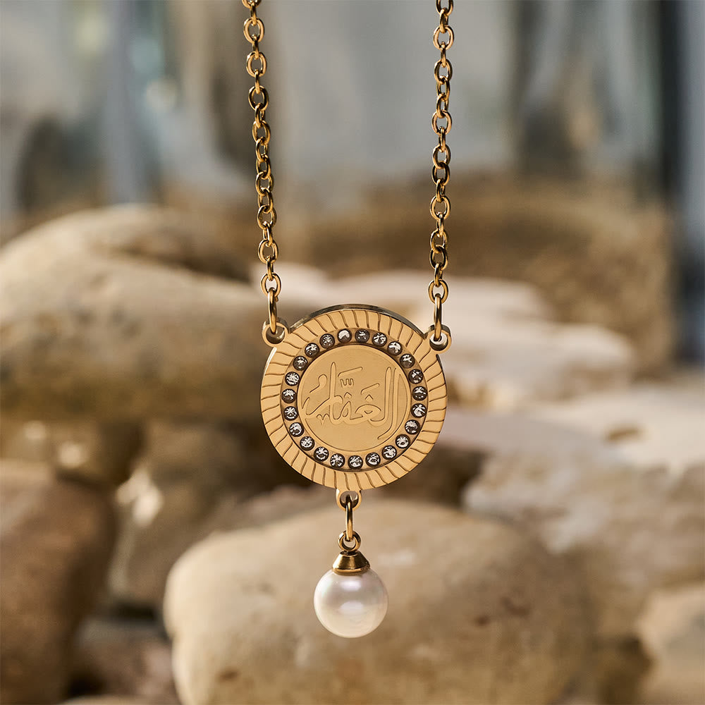 HilalHaven Pearl‑Kissed Medallion Crystal‑Rimmed Embossed Round Pendant Necklace - image 9