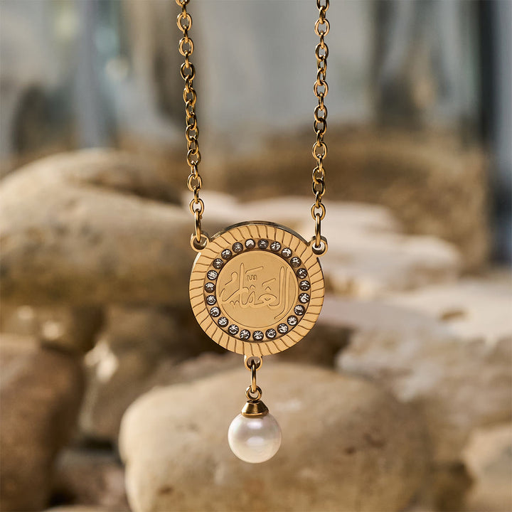 HilalHaven Pearl‑Kissed Medallion Crystal‑Rimmed Embossed Round Pendant Necklace - image 9