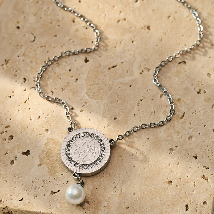 HilalHaven Pearl‑Kissed Medallion Crystal‑Rimmed Embossed Round Pendant Necklace - Sivler - Mercy - image 15