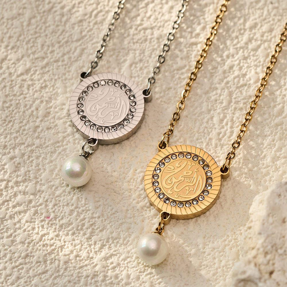HilalHaven Pearl‑Kissed Medallion Crystal‑Rimmed Embossed Round Pendant Necklace - image 8