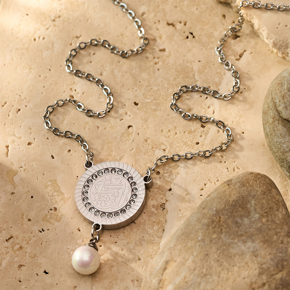HilalHaven Pearl‑Kissed Medallion Crystal‑Rimmed Embossed Round Pendant Necklace - Sivler - Compassion - image 5