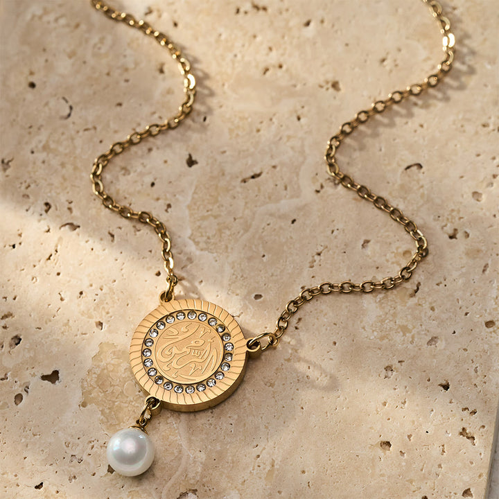 HilalHaven Pearl‑Kissed Medallion Crystal‑Rimmed Embossed Round Pendant Necklace - Golden - Compassion - image 11
