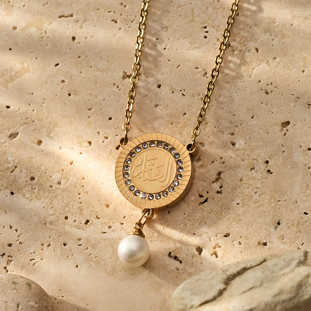 HilalHaven Pearl‑Kissed Medallion Crystal‑Rimmed Embossed Round Pendant Necklace - image 19