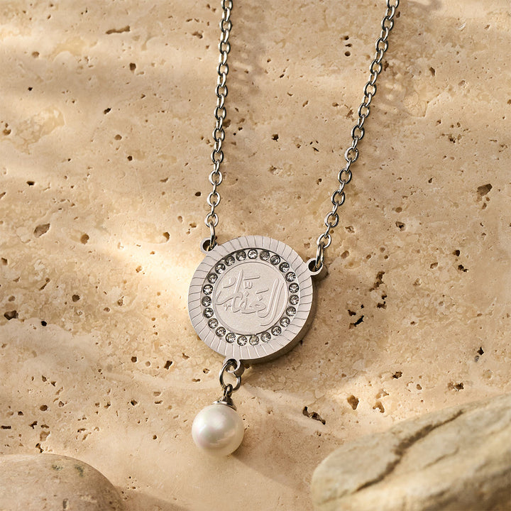 HilalHaven Pearl‑Kissed Medallion Crystal‑Rimmed Embossed Round Pendant Necklace - image 24