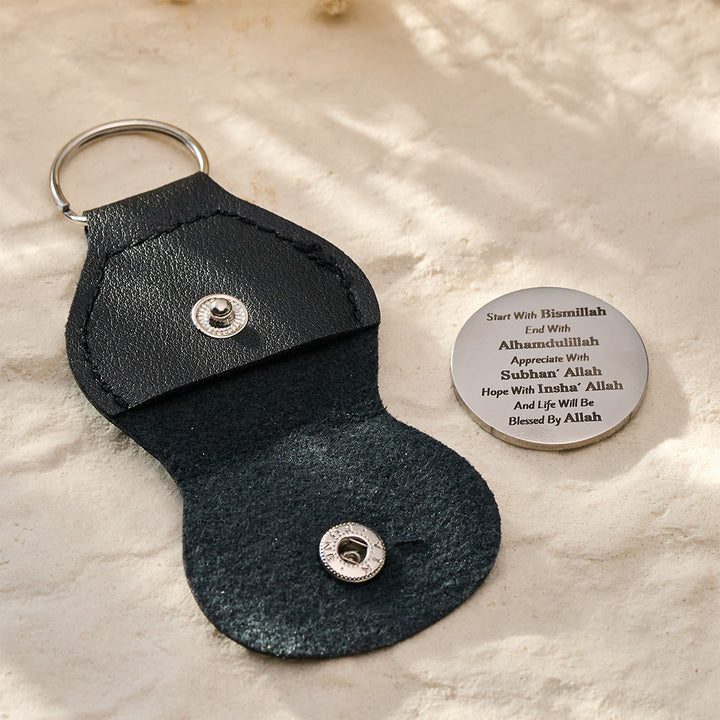 HilalHaven Path of Blessings Engraved Affirmation Coin Key‑Chain with Faux‑Leather Pouch - Black - image 0