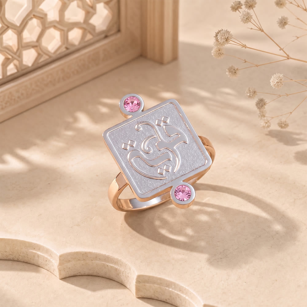 HilalHaven Embossed Square Glow Inlaid‑Crystal Signet Ring - Silver Ring - Pink Diamond - image 3