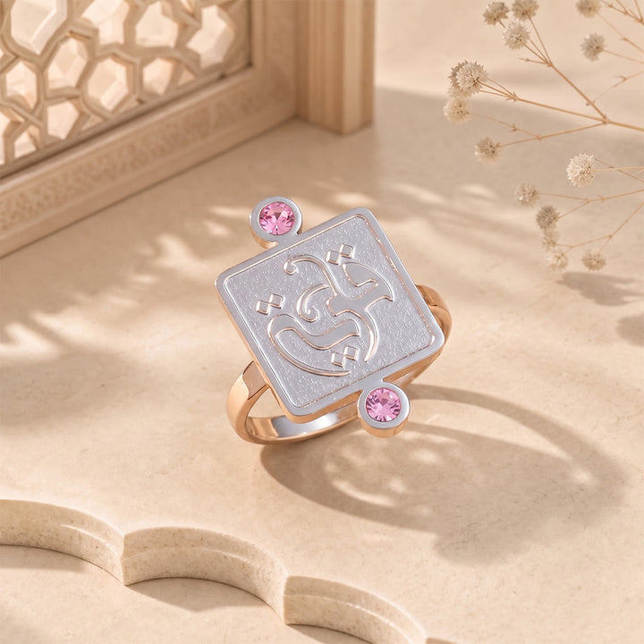 HilalHaven Embossed Square Glow Inlaid‑Crystal Signet Ring - Silver Ring - Pink Diamond - image 3