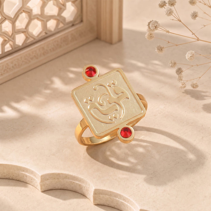 HilalHaven Embossed Square Glow Inlaid‑Crystal Signet Ring - Golden Ring - Red Diamond - image 6