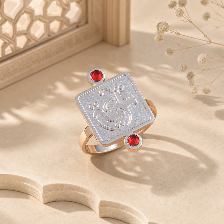 HilalHaven Embossed Square Glow Inlaid‑Crystal Signet Ring - Silver Ring - Red Diamond - image 5
