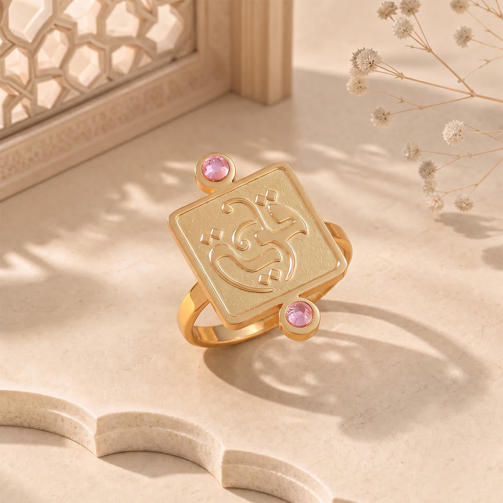 HilalHaven Embossed Square Glow Inlaid‑Crystal Signet Ring - Golden Ring - Pink Diamond - image 4