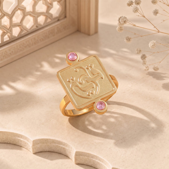 HilalHaven Embossed Square Glow Inlaid‑Crystal Signet Ring - Golden Ring - Pink Diamond - image 4