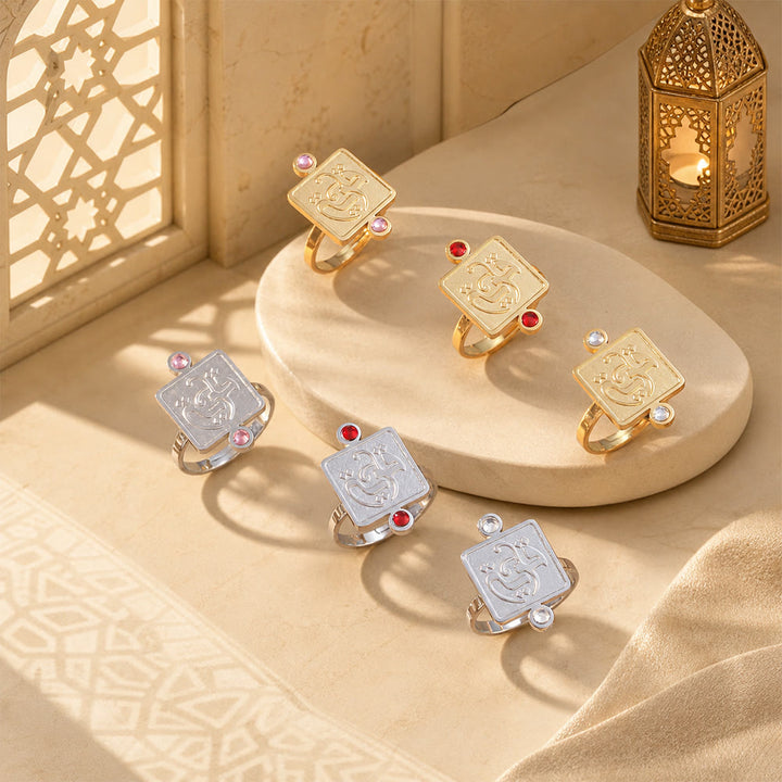 HilalHaven Embossed Square Glow Inlaid‑Crystal Signet Ring - image 1