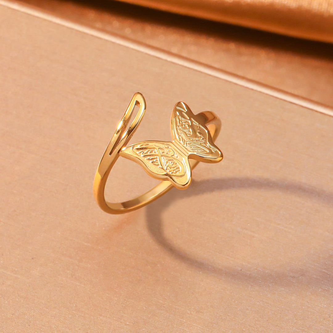 HilalHaven Engraved Butterfly Glow Open‑Adjustable Ring - Golden - image 3