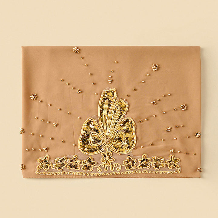 HilalHaven Gilded Bloom Embellished Chiffon Hijab — Hand‑crafted Sequin &amp; Bead Ornamented Hijab Scarf - Khaki - image 15