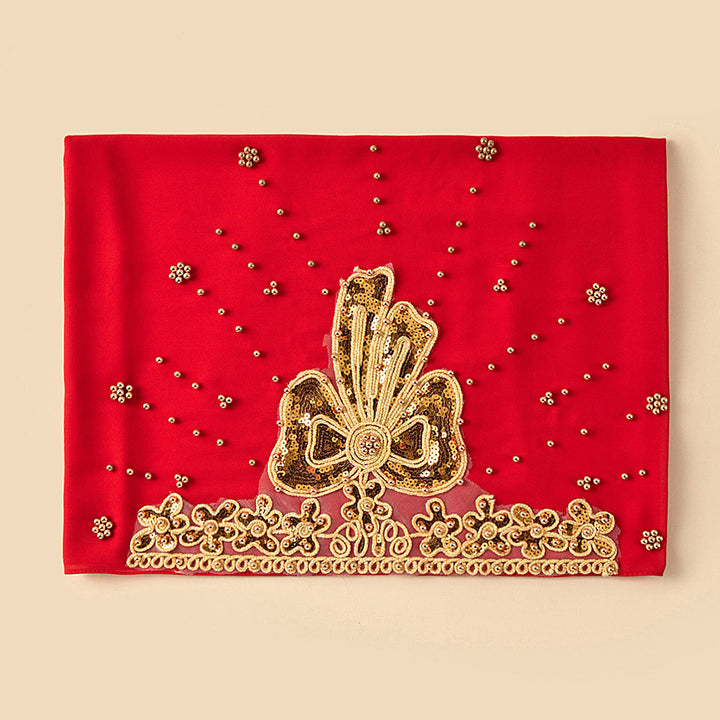 HilalHaven Gilded Bloom Embellished Chiffon Hijab — Hand‑crafted Sequin &amp; Bead Ornamented Hijab Scarf - Red - image 2