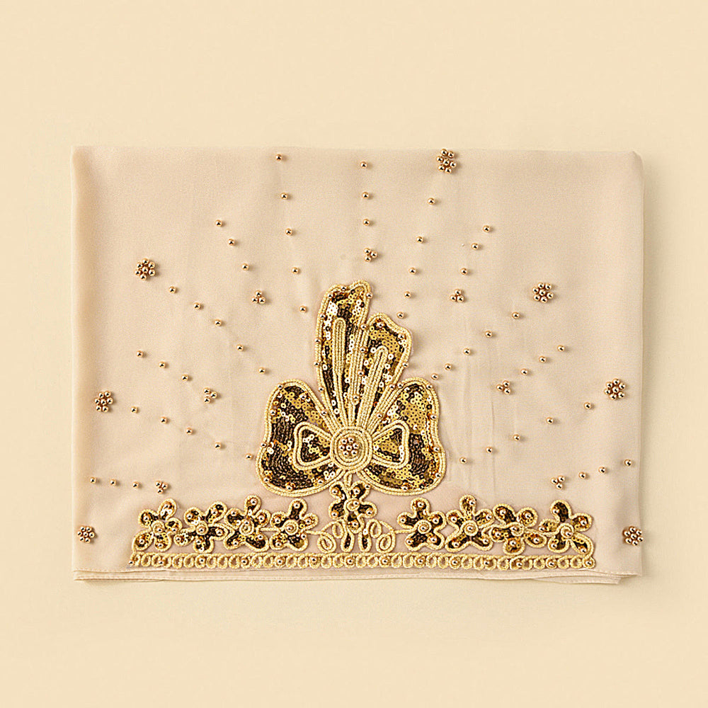 HilalHaven Gilded Bloom Embellished Chiffon Hijab — Hand‑crafted Sequin & Bead Ornamented Hijab Scarf - Cream - image 1