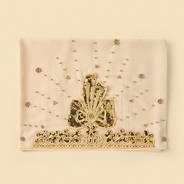 HilalHaven Gilded Bloom Embellished Chiffon Hijab — Hand‑crafted Sequin &amp; Bead Ornamented Hijab Scarf - Cream - image 1