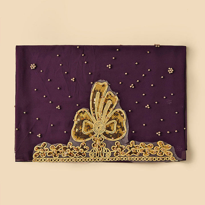 HilalHaven Gilded Bloom Embellished Chiffon Hijab — Hand‑crafted Sequin &amp; Bead Ornamented Hijab Scarf - Dark Purple - image 14