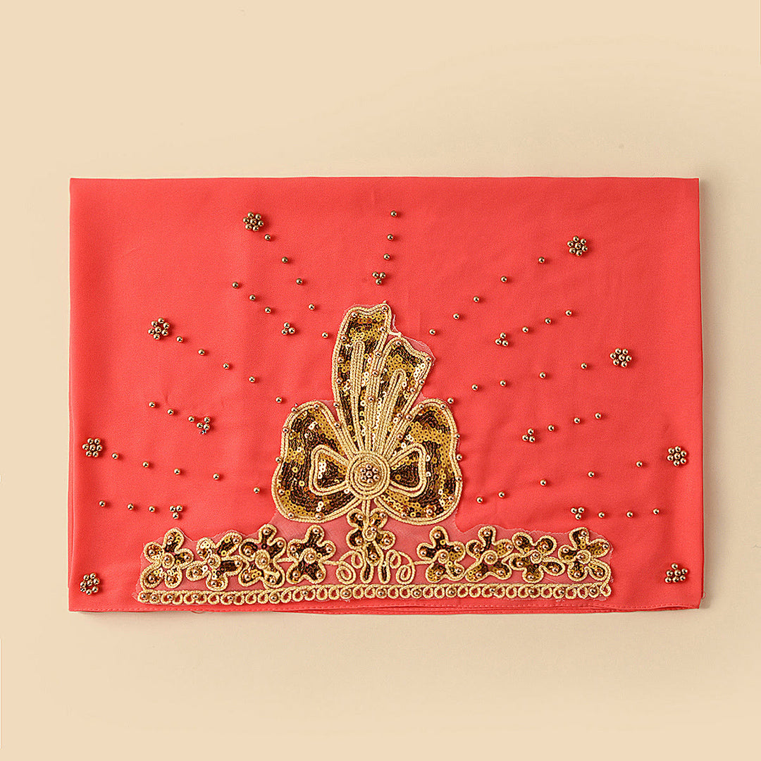HilalHaven Gilded Bloom Embellished Chiffon Hijab — Hand‑crafted Sequin &amp; Bead Ornamented Hijab Scarf - Coral Red - image 18