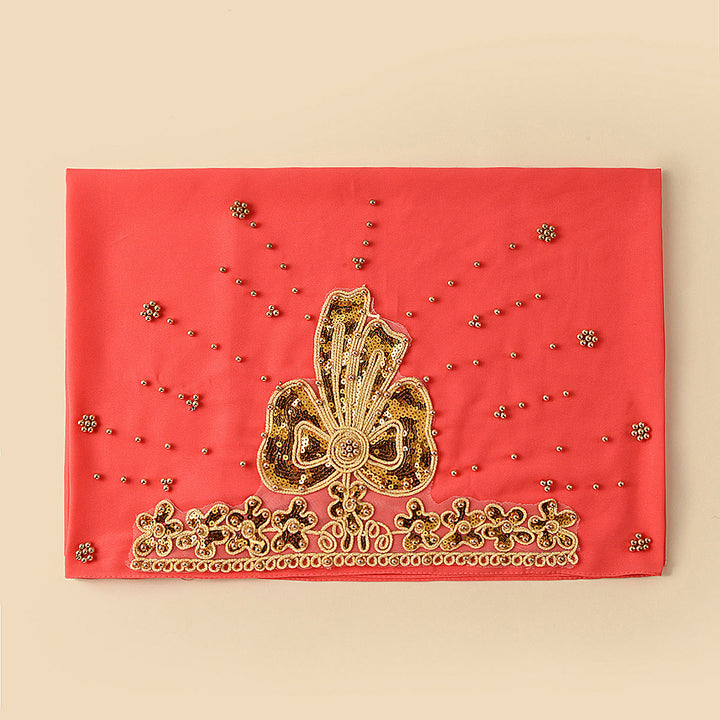 HilalHaven Gilded Bloom Embellished Chiffon Hijab — Hand‑crafted Sequin &amp; Bead Ornamented Hijab Scarf - Coral Red - image 18