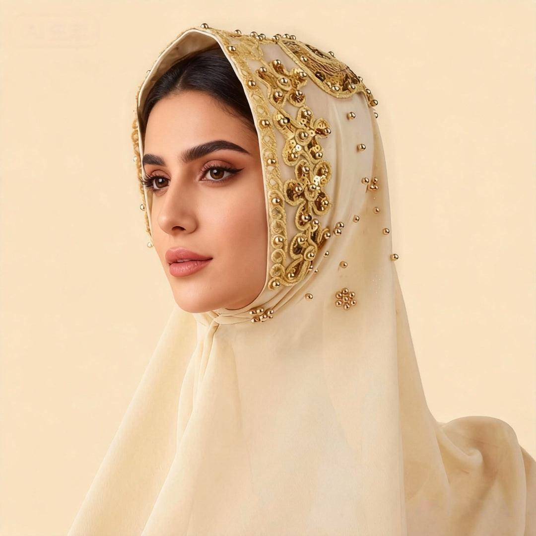 HilalHaven Gilded Bloom Embellished Chiffon Hijab — Hand‑crafted Sequin &amp; Bead Ornamented Hijab Scarf - image 0