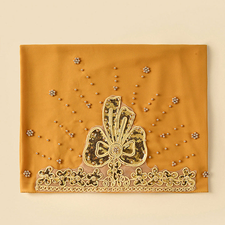 HilalHaven Gilded Bloom Embellished Chiffon Hijab — Hand‑crafted Sequin &amp; Bead Ornamented Hijab Scarf - Mustard Yellow - image 17