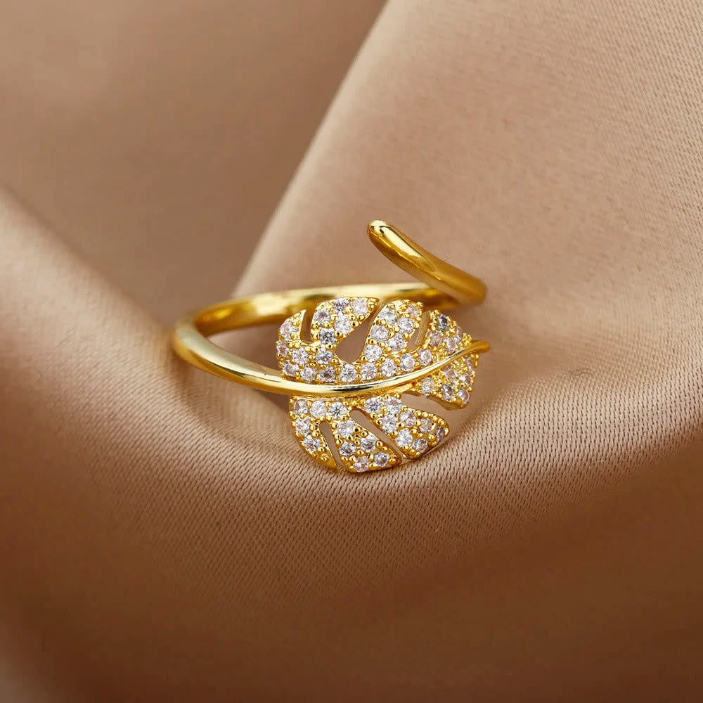 Hilalhaven Gilded Frond Pavé‑Olive Leaf Adjustable Ring — - Golden - image 2